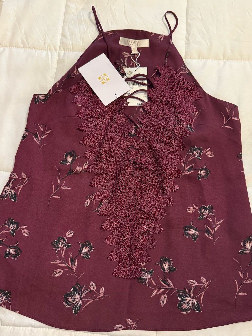 Wayf Burgundy Floral Lace-Trim Halter Cami